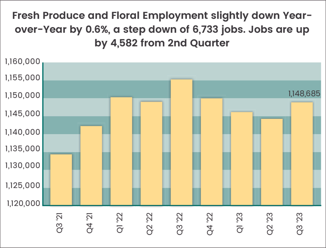 Bar chart for: Fresh produce and floral employment slightly down year-over-year by 0.6% a step down of 6,733 jobs. Jobs are up by 4,582 from 2nd quarter.