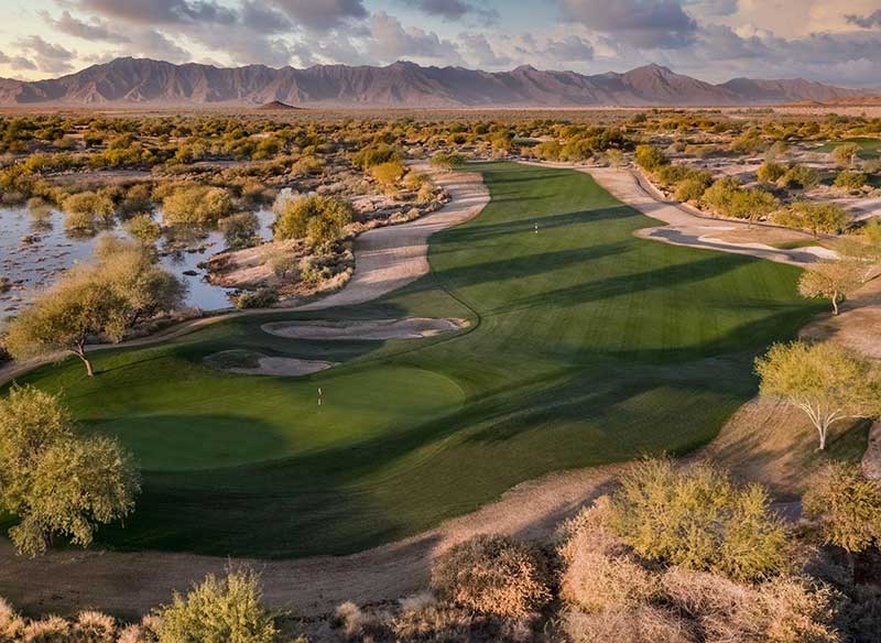 Aerial shot of Devils Claw golf course hole 3.