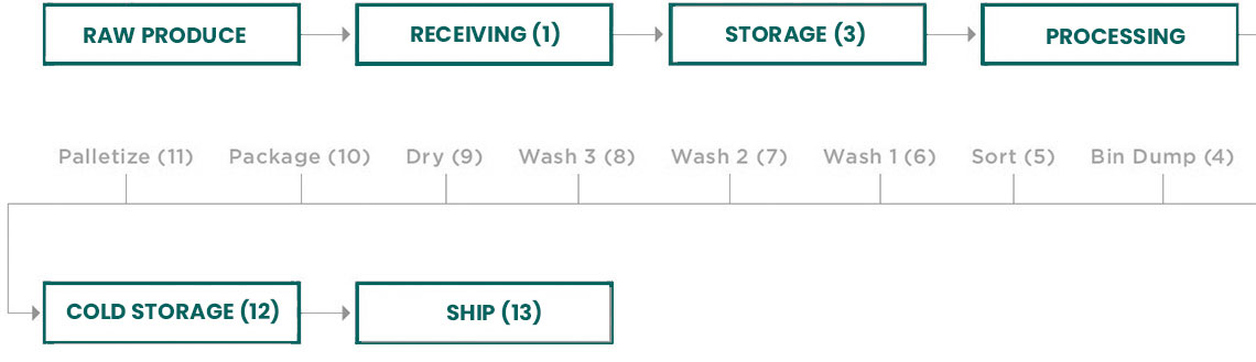 Risk Assessment GAP Program Flow Chart:  Raw produce, Receiving, Storage, Processing, Cold Storage, Ship