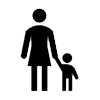 Black and white icon of adult holding the hand of child