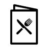 Black and white icon of a menu with a knife and fork on the cover.