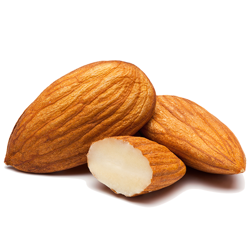 Isolated almonds. Three in total with one cut in half.